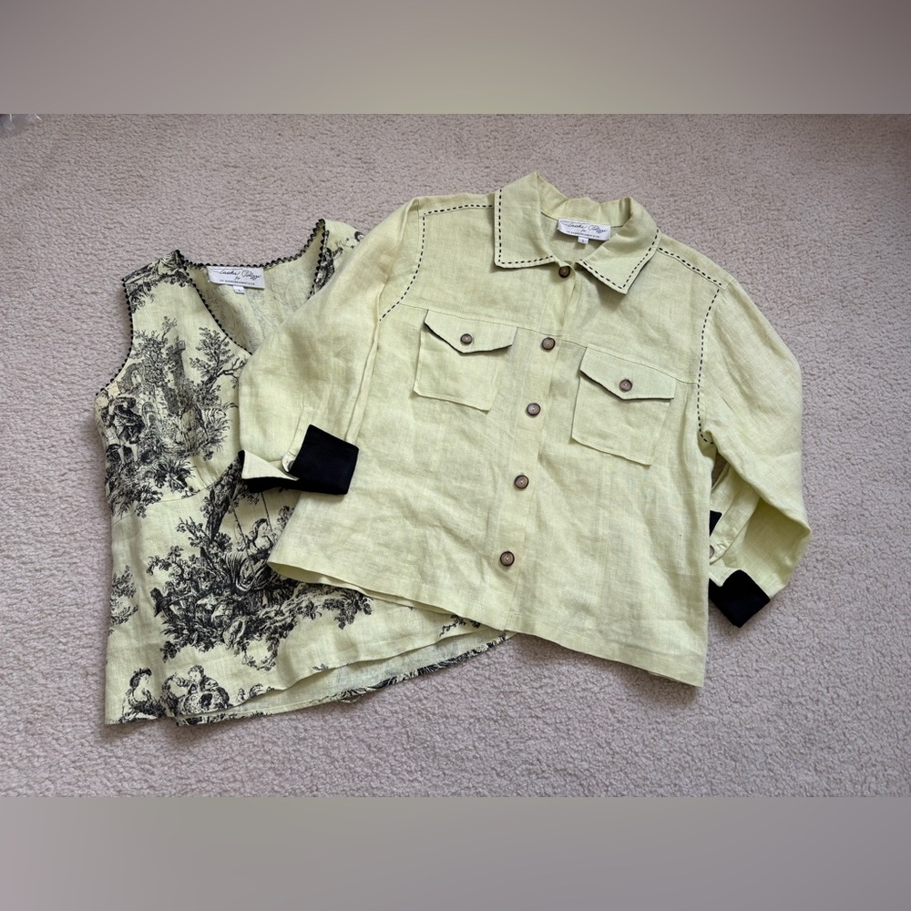 Tasha Polizzi 100% linen bundle jacket sleeveless top, Toile de Jouy green sz L